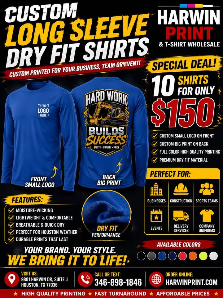 Custom Dryfit Long Sleeve 10 for $150
